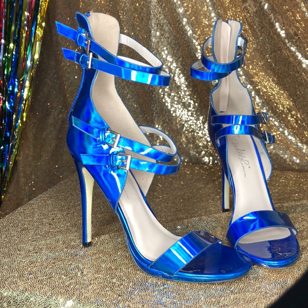 Strappy electric blue holographic heel